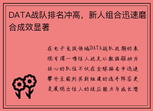 DATA战队排名冲高，新人组合迅速磨合成效显著