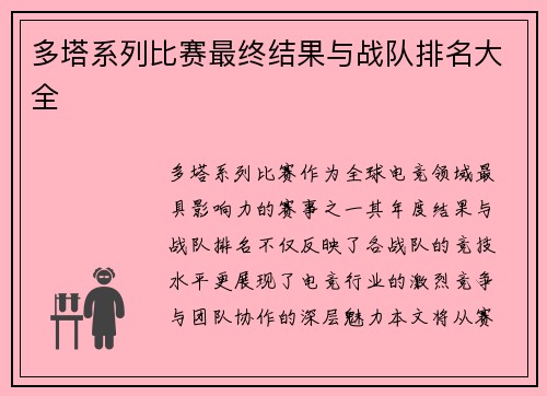 多塔系列比赛最终结果与战队排名大全